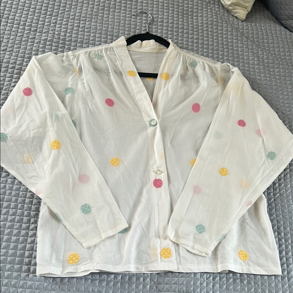 Vintage darling White Blouse with Colorful embroidered Polka Dots